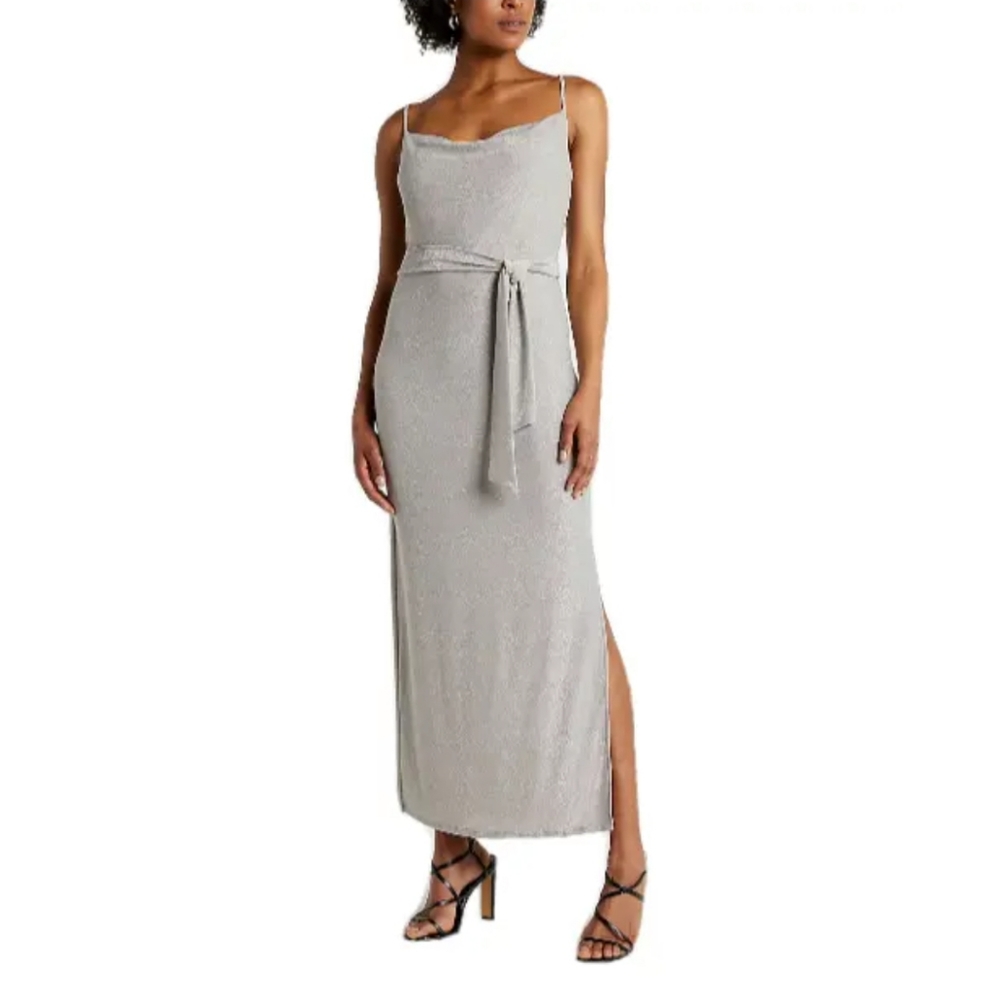 Express Women's Metallic Cowl Neck Tie Waist Midi Dress XS NWT